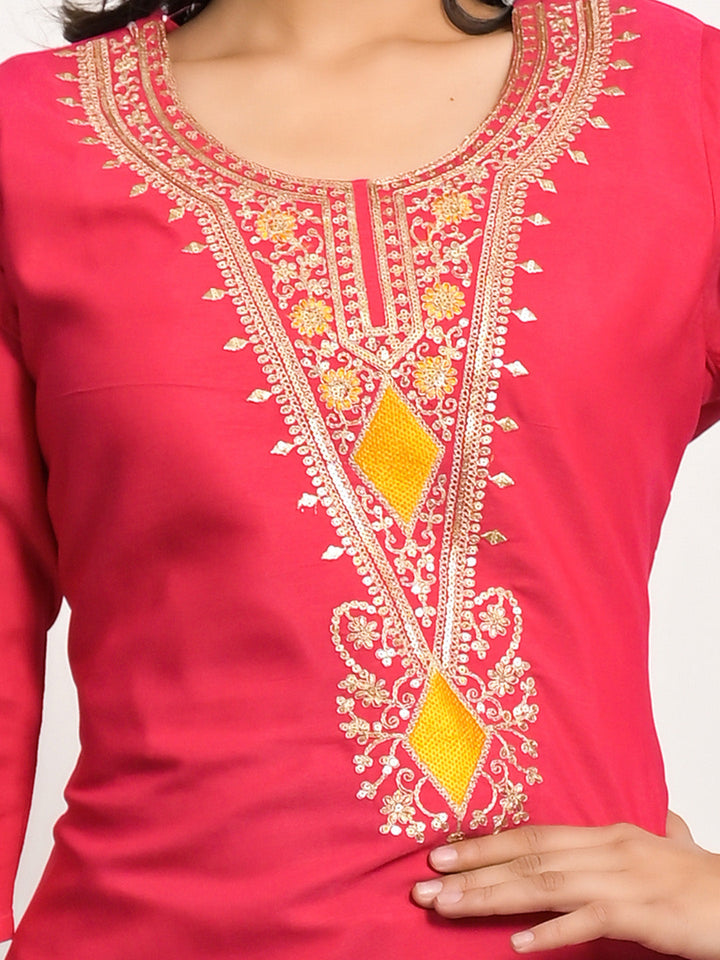 Neck Embroidered Muslin Kurta With Pants &amp; Dupatta
