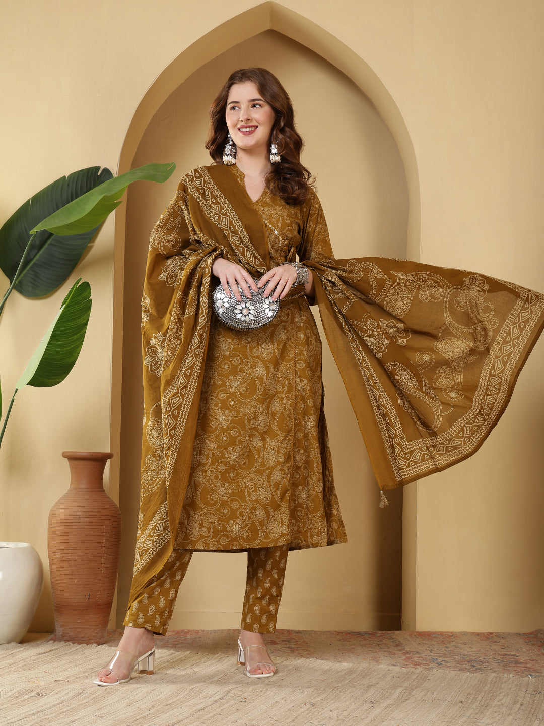 Printed Cotton Blend Kurta With Pants & Dupatta