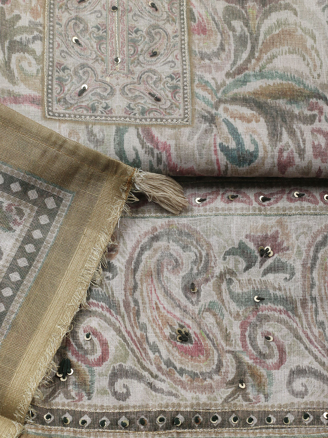 Embroidered Linen Blend Unstitched Suit With Pant &amp; Dupatta