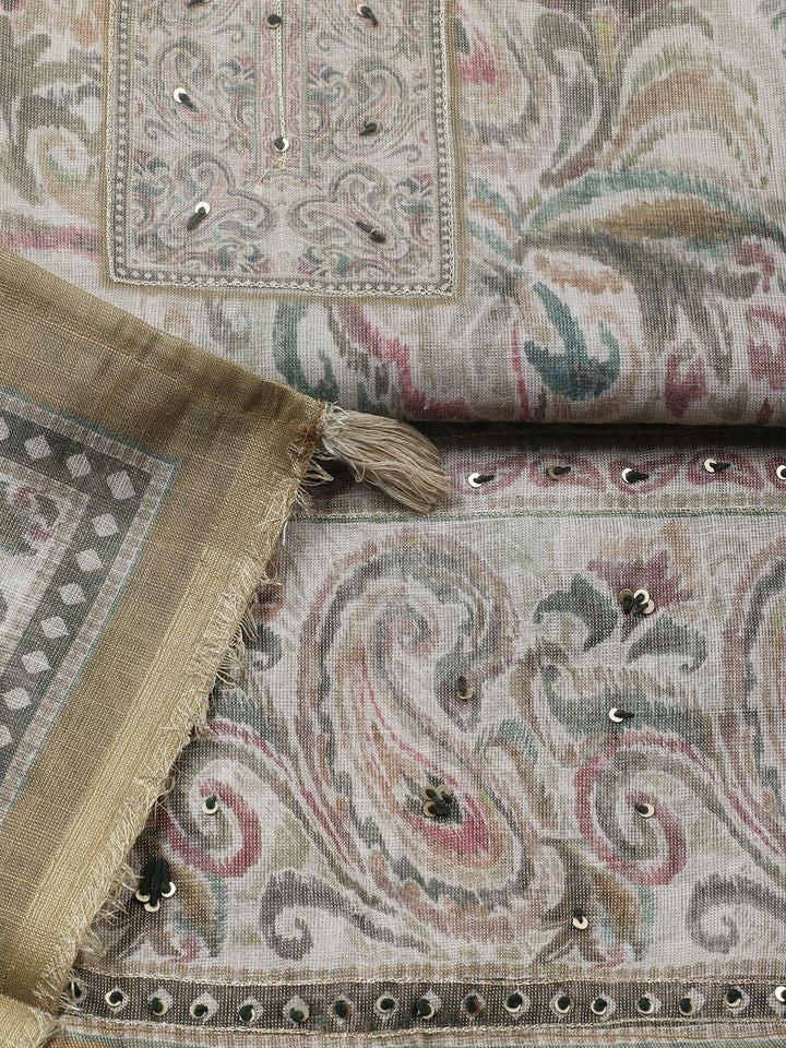Embroidered Linen Blend Unstitched Suit With Pant &amp; Dupatta