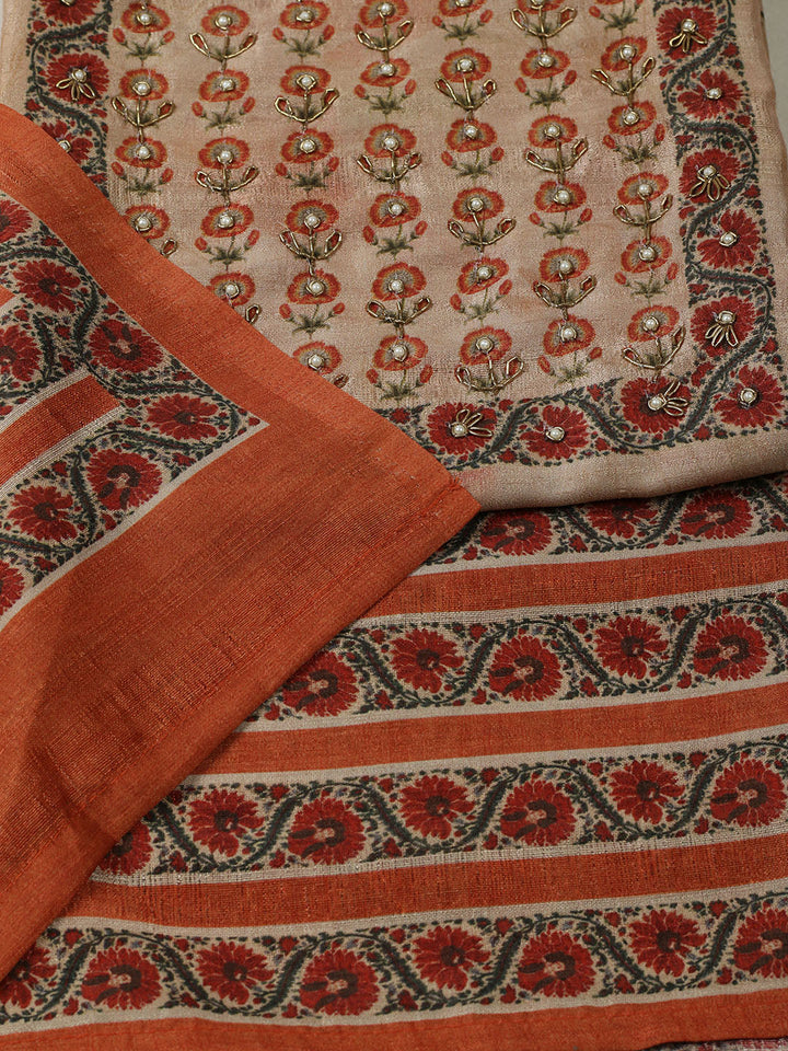 Embroidered Tussar Unstitched Suit With Pant &amp; Dupatta