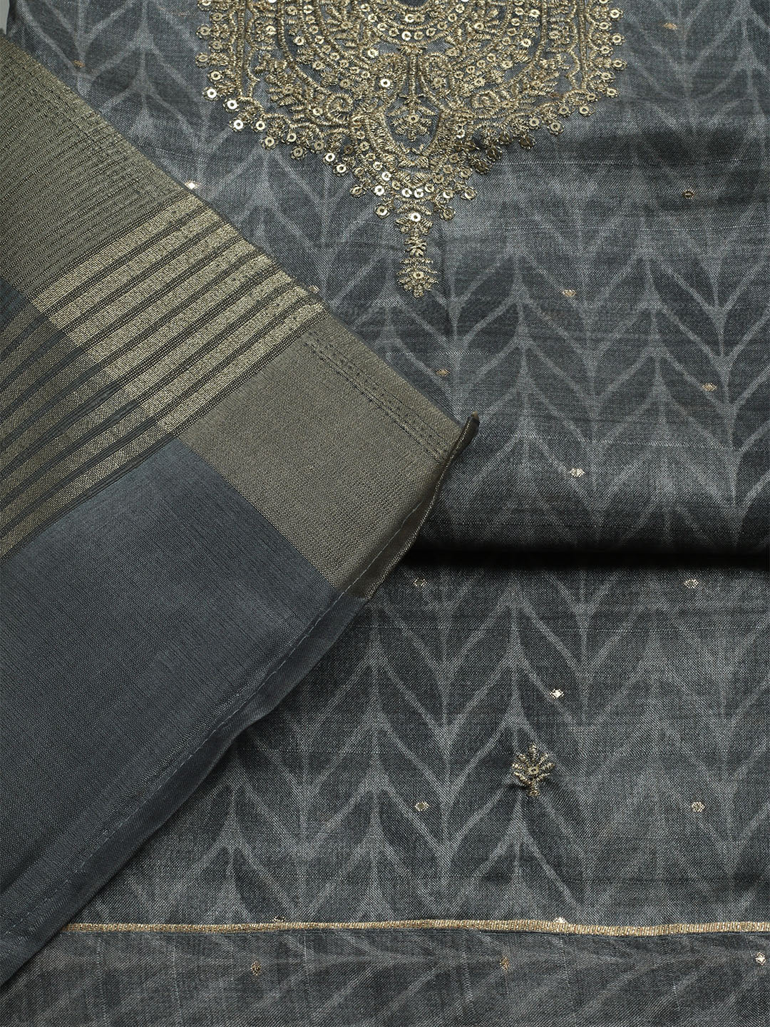 Embroidered Tussar Unstitched Kurta With Pant & Dupatta