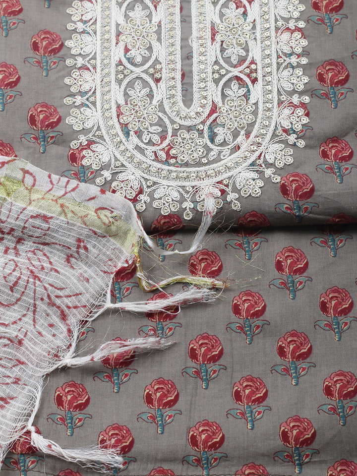 Printed Cotton Blend Unstitched Suit With Pant &amp; Dupatta