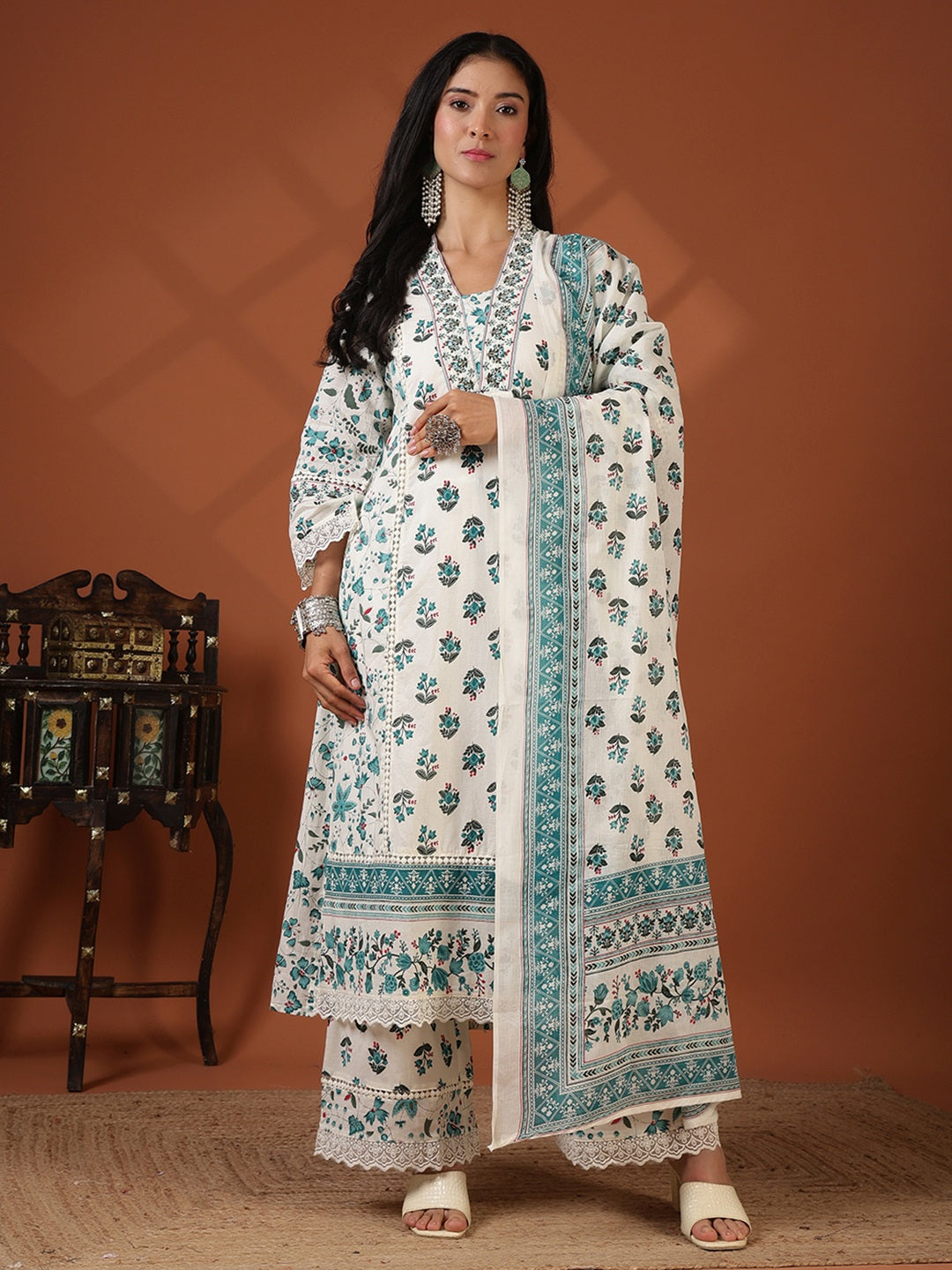 Printed Cotton Blend Kurta With Pant &amp; Dupatta
