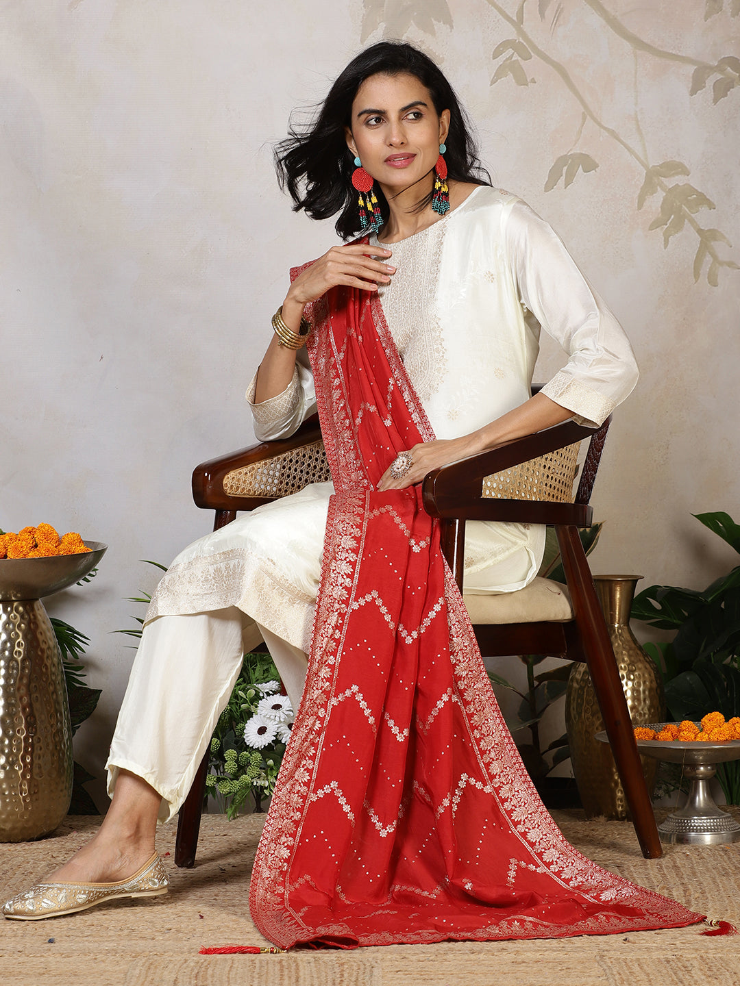 Banarasi Weave Tissue Kurta With Pants & Dupatta