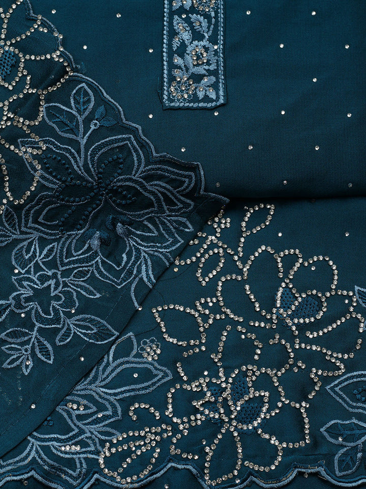 Embellished Art Silk Unstitched Suit With Pant &amp; Dupatta