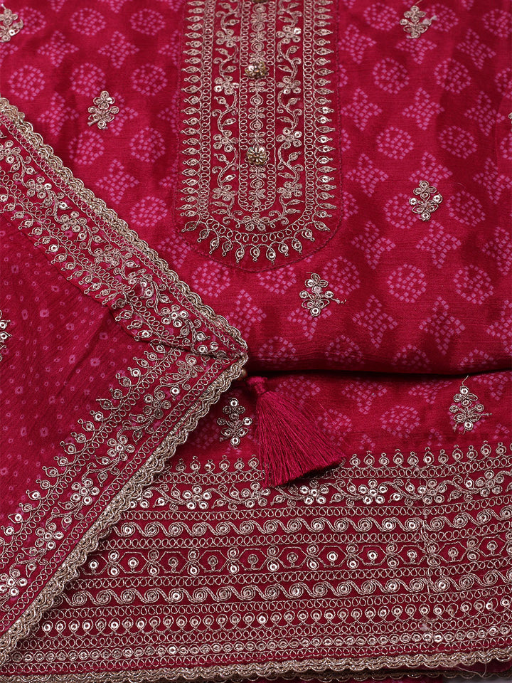 Embroidered Art Silk Unstitched Suit With Dupatta