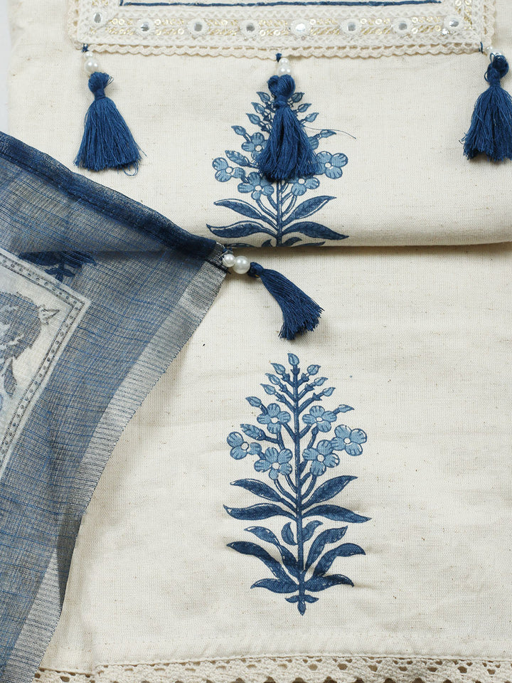 Printed Cotton Blend Unstitched Suit With Pant Dupatta