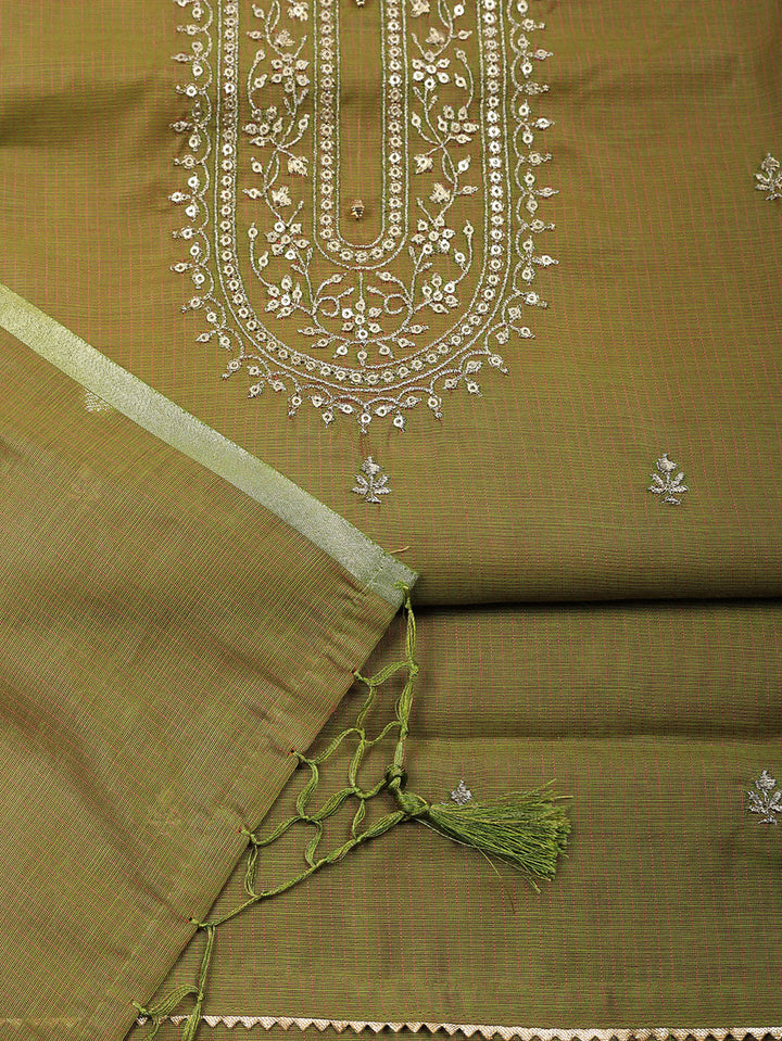 Embroidered Chanderi Unstitched Suit With Pant &amp; Dupatta