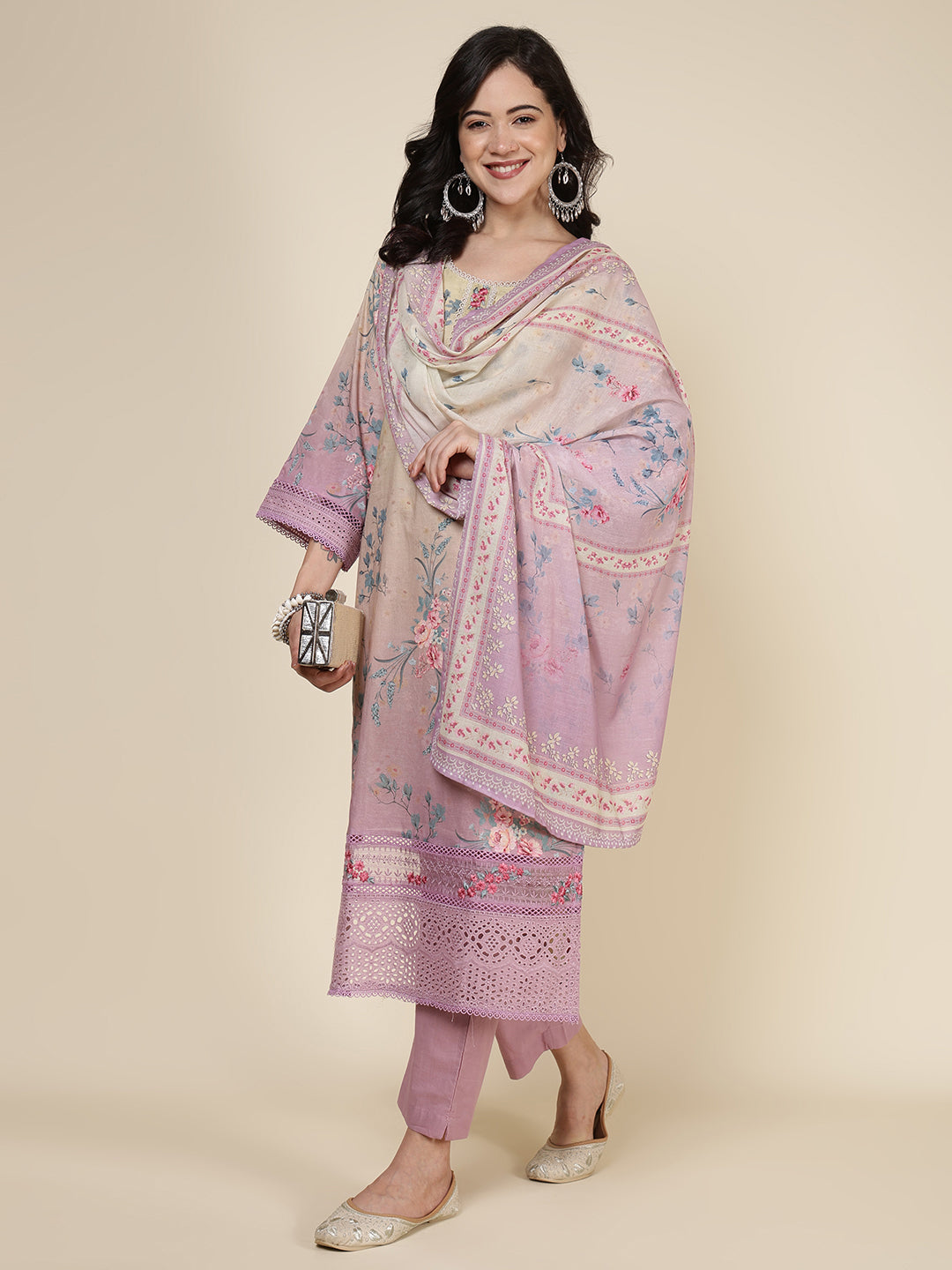 Printed Cotton Blend Kurta With Pants & Dupatta