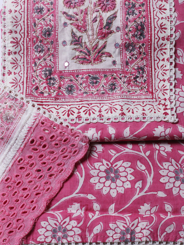 Embroidered Cotton Blend Unstitched Suit With Pant &amp; Dupatta