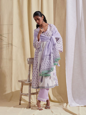 Kota Printed Cotton Kurta With Pants & Dupatta