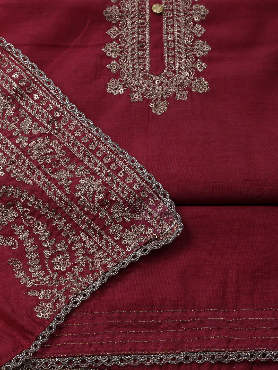 Neck Embroidered Chanderi Unstitched Suit With Dupatta