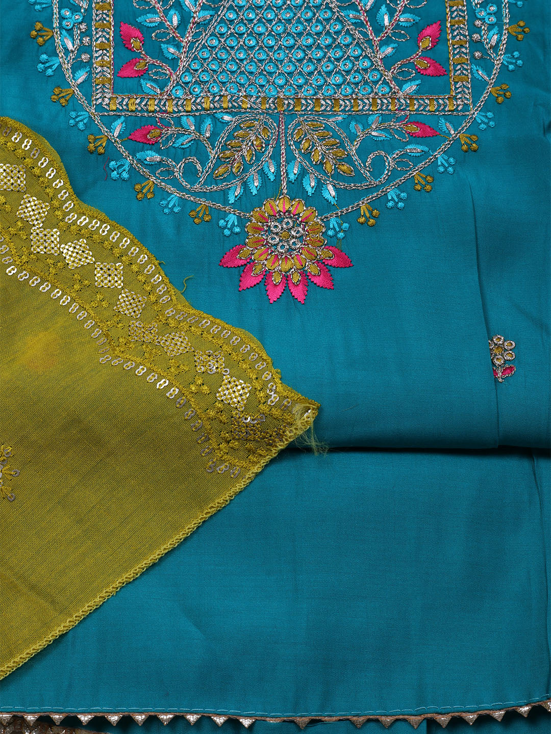 Embroidered Chanderi Unstitched Suit With Dupatta
