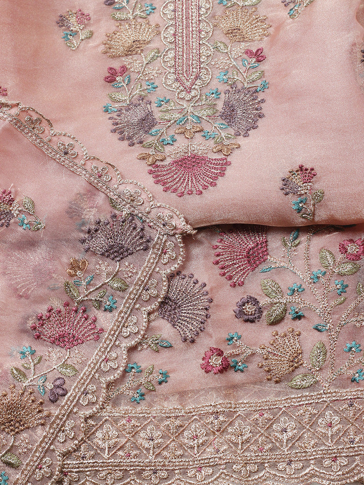 Embroidered Organza Unstitched Suit With Pant &amp; Dupatta