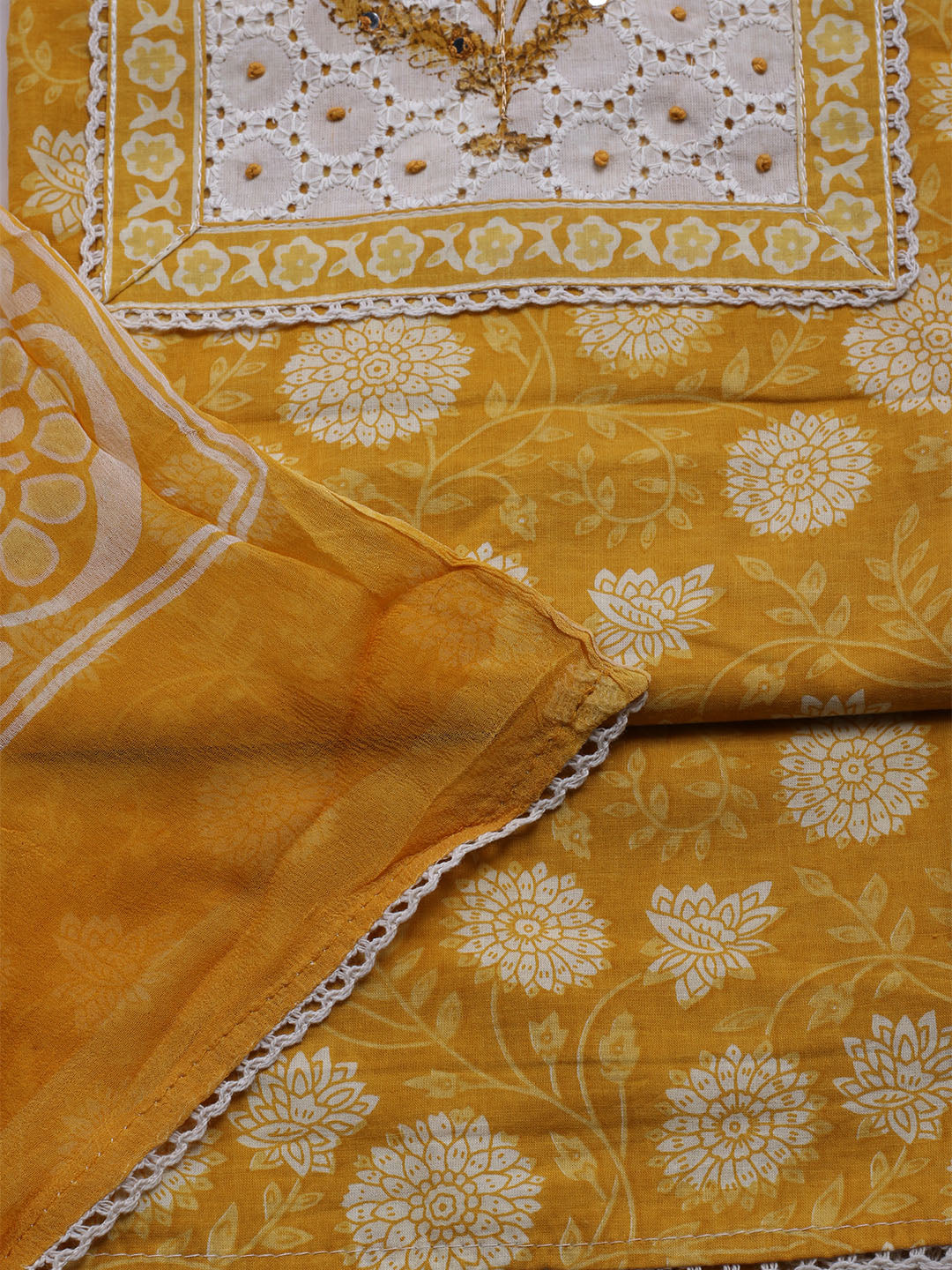 Printed Cotton Blend Unstitched Kurta With Pant &amp; Dupatta