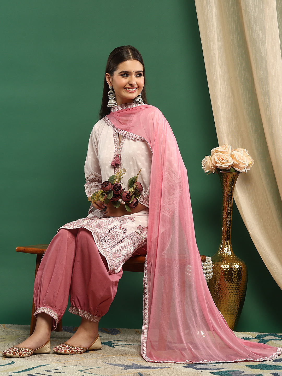 Embroidered Cotton Blend Kurta With Pant &amp; Dupatta