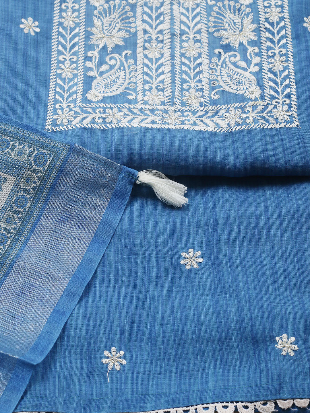 Embroidered Linen Blend Unstitched Suit With Pant &amp; Dupatta