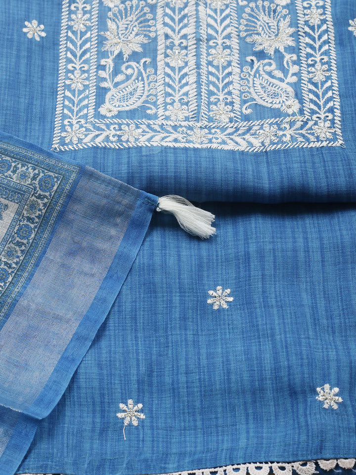 Embroidered Linen Blend Unstitched Suit With Pant &amp; Dupatta