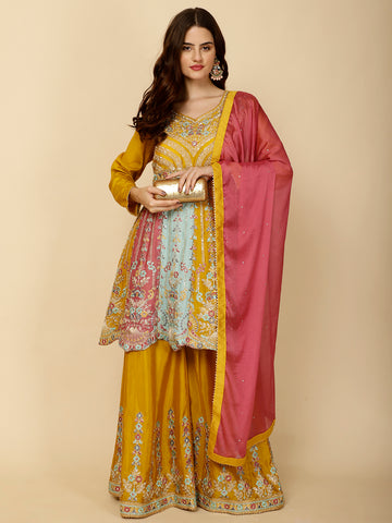 Embroidery Art Silk Suit Set With Dupatta & Sharara