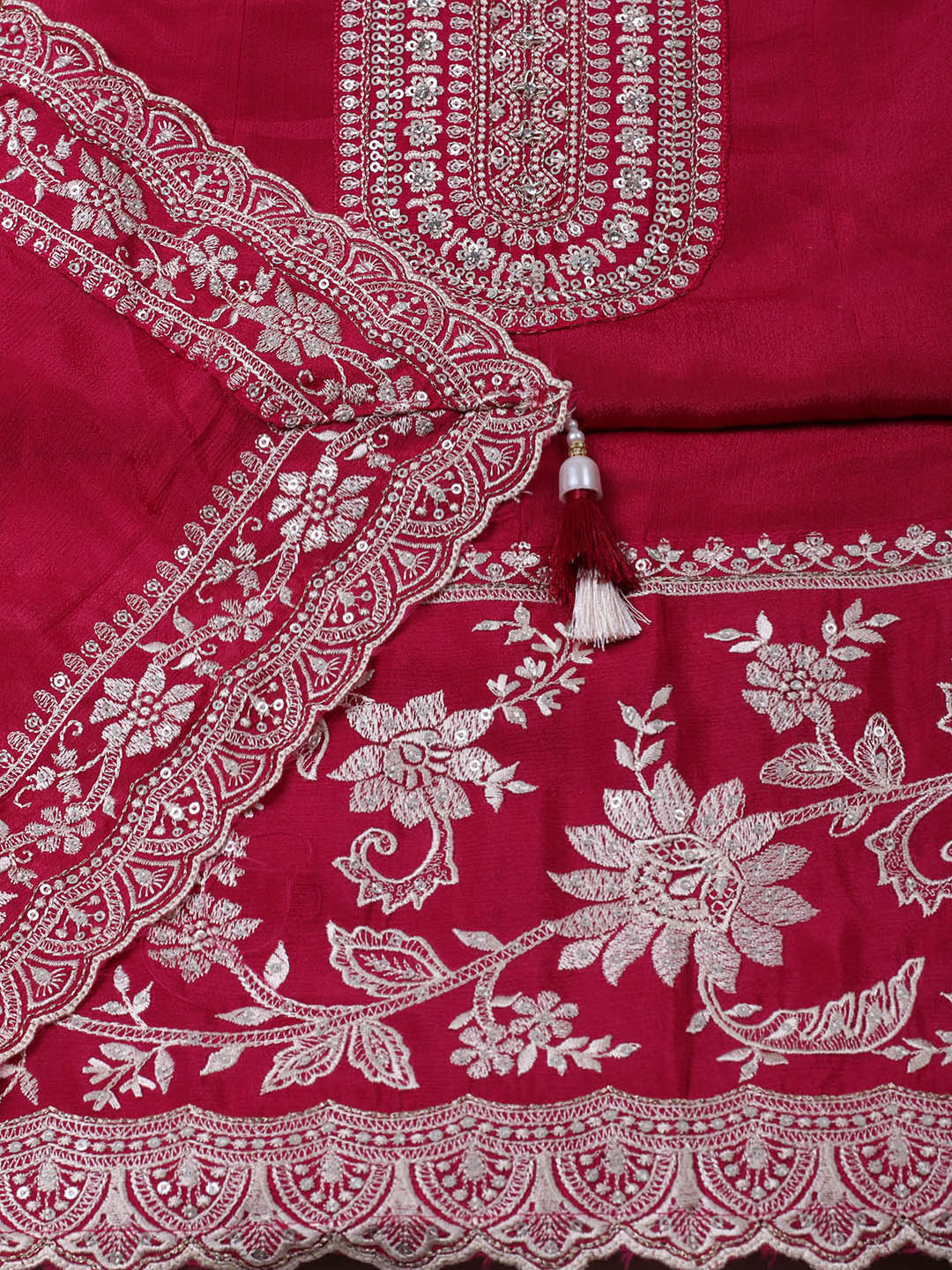 Embroidered Chinon Unstitched Suit With Pant &amp; Dupatta
