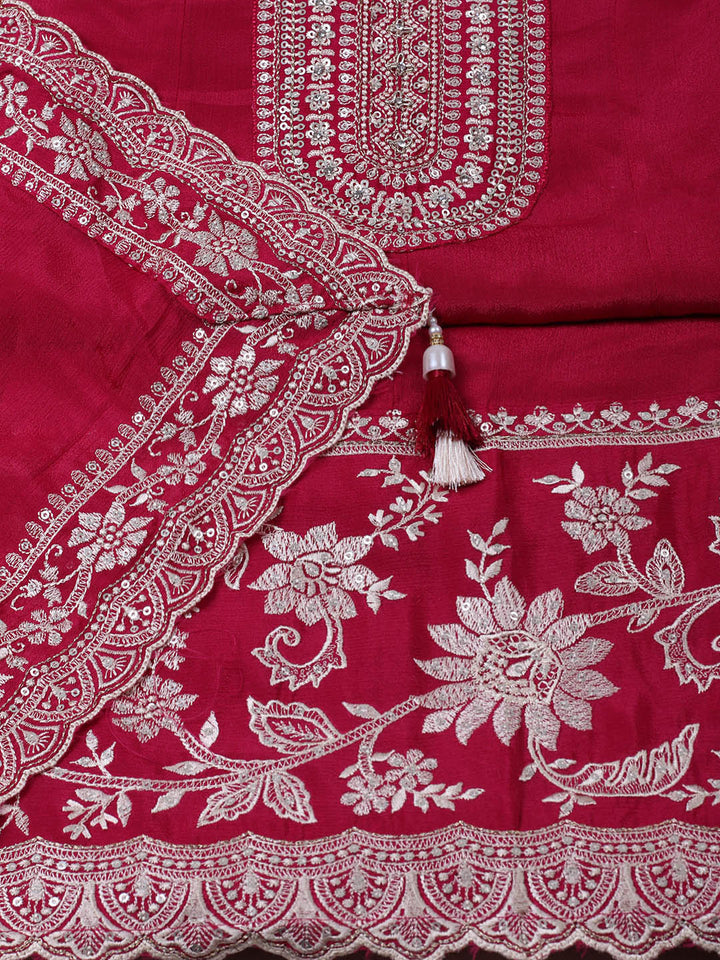 Embroidered Chinon Unstitched Suit With Pant &amp; Dupatta