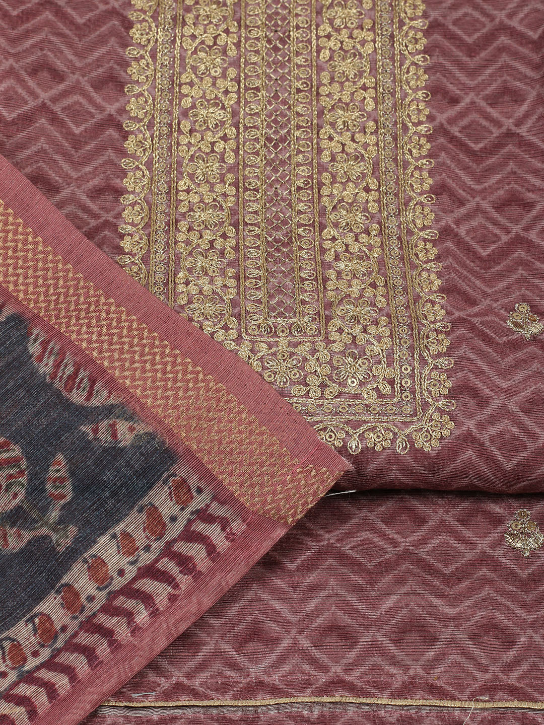 Embroidered Chanderi Unstitched Suit With Pant &amp; Dupatta