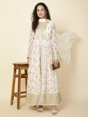 Floral Printed Georgette Kurta With Pants & Dupatta