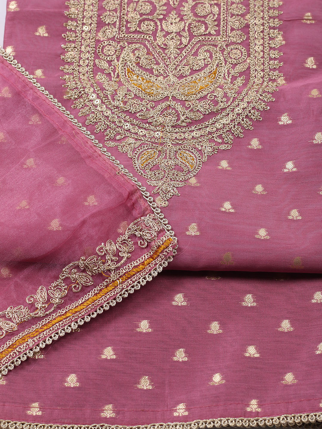 Neck Embroidered Chanderi Unstitched Suit With Dupatta