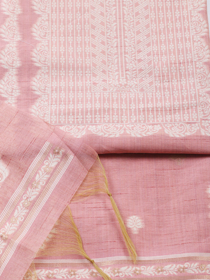 Printed Chanderi Unstitched Suit With Pant &amp; Dupatta