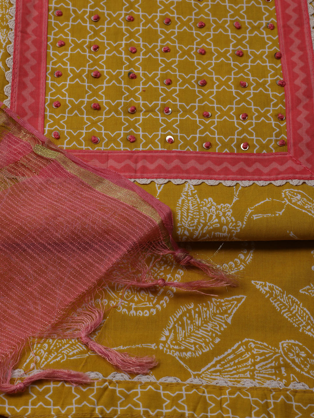 Printed Cotton Blend Unstitched Suit With Dupatta