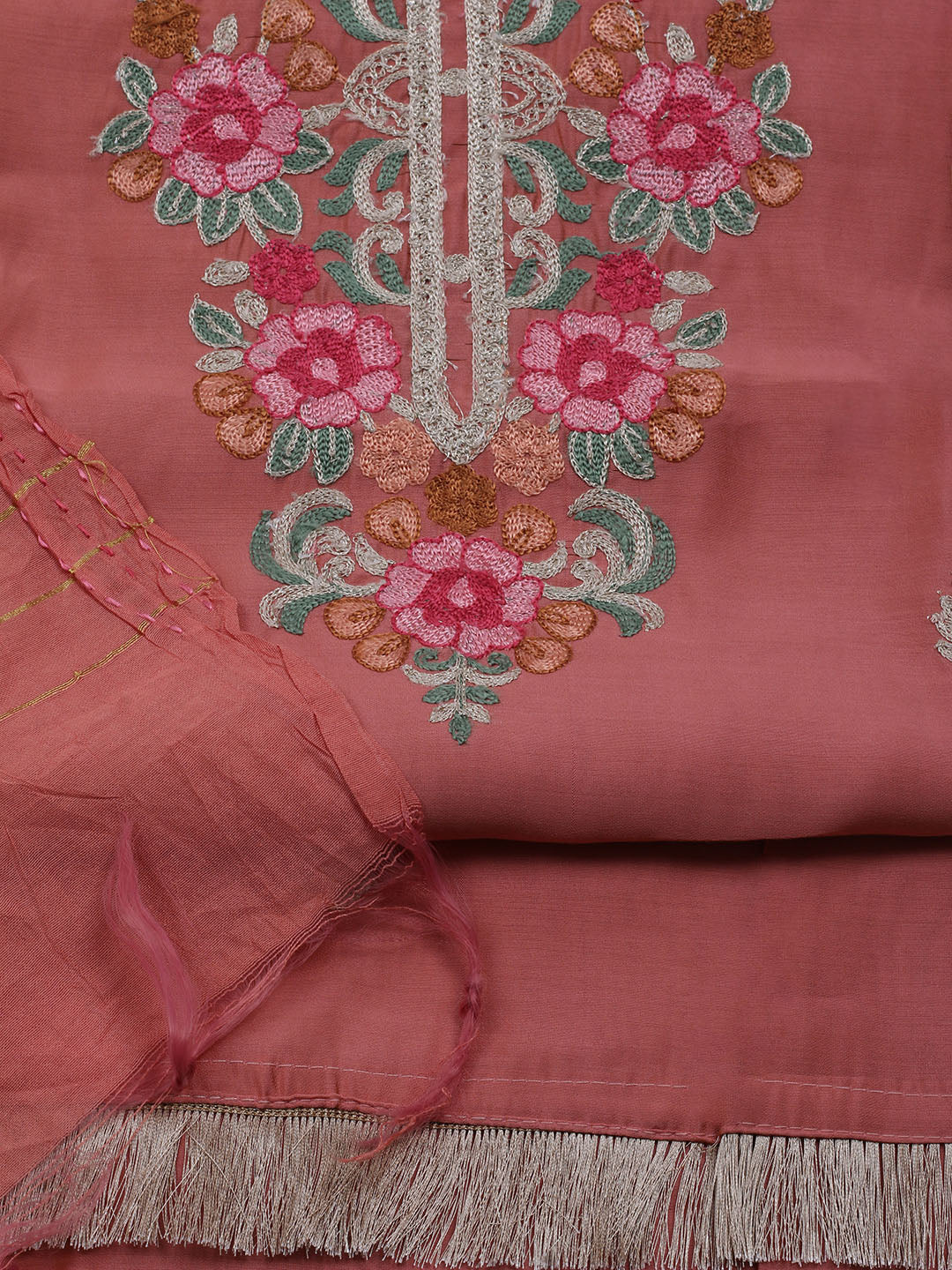 Neck Embroidered Chanderi Unstitched Suit With Dupatta