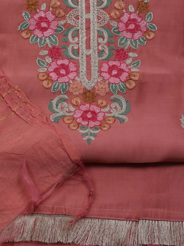 Neck Embroidered Chanderi Unstitched Suit With Dupatta