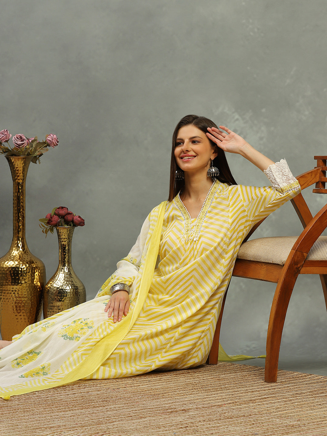 Printed Cotton Blend Kurta With Pants & Dupatta
