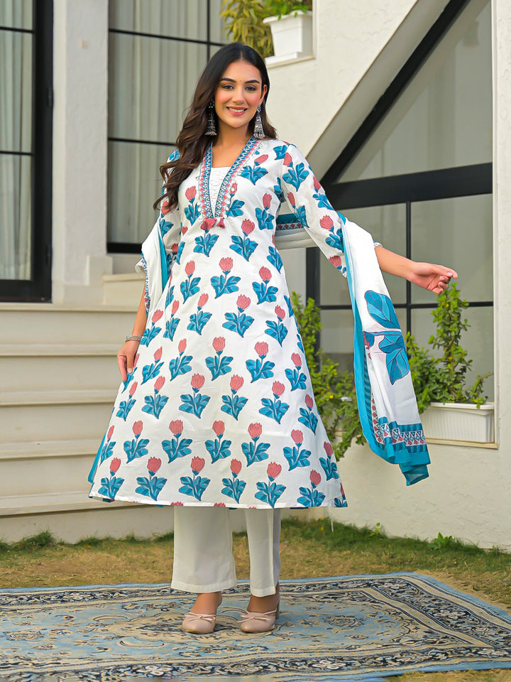 Blue Printed Cotton Blend Straight Suit Set With Dupatta