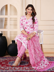 Floral Printed Cotton Kurta With Pants & Dupatta