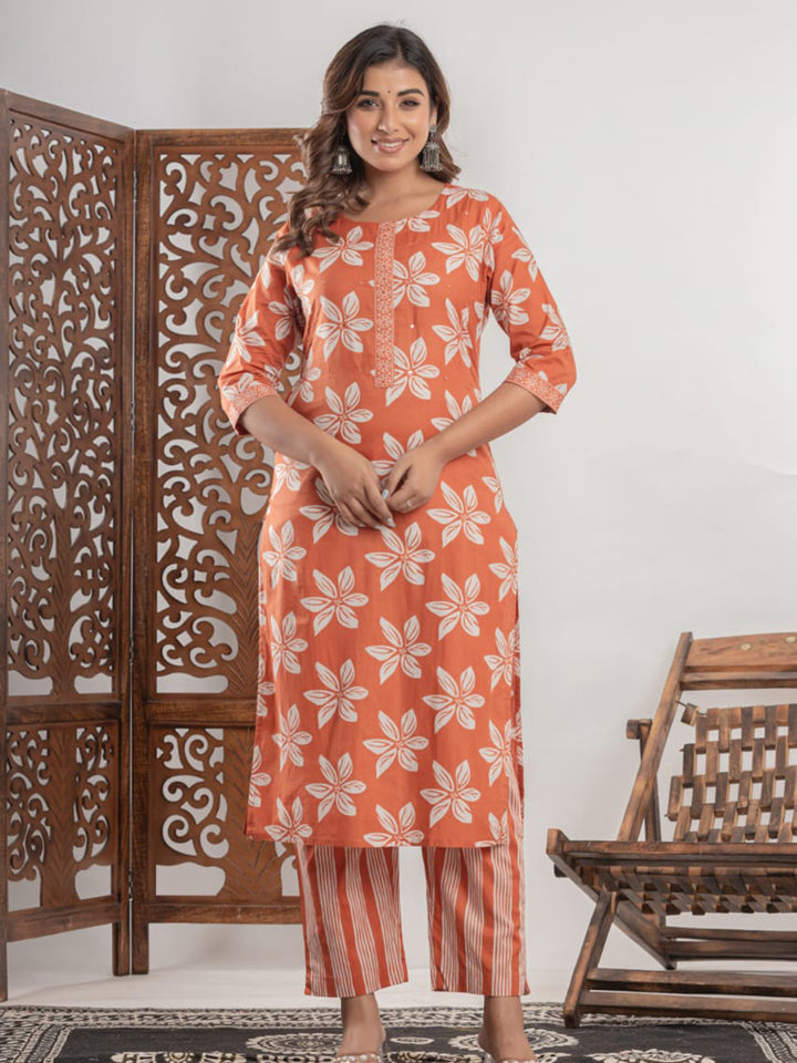 Brick Cotton Blend Printed Straight Suit Set