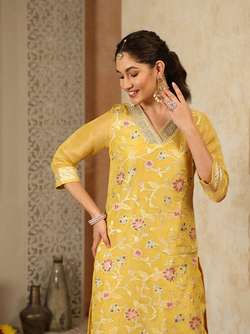 Woven Embroidery Tissue Kurta With Pants & Dupatta