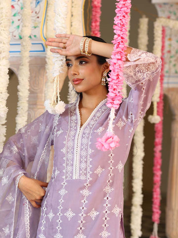 Embroidered Organza Kurta With Pants & Dupatta