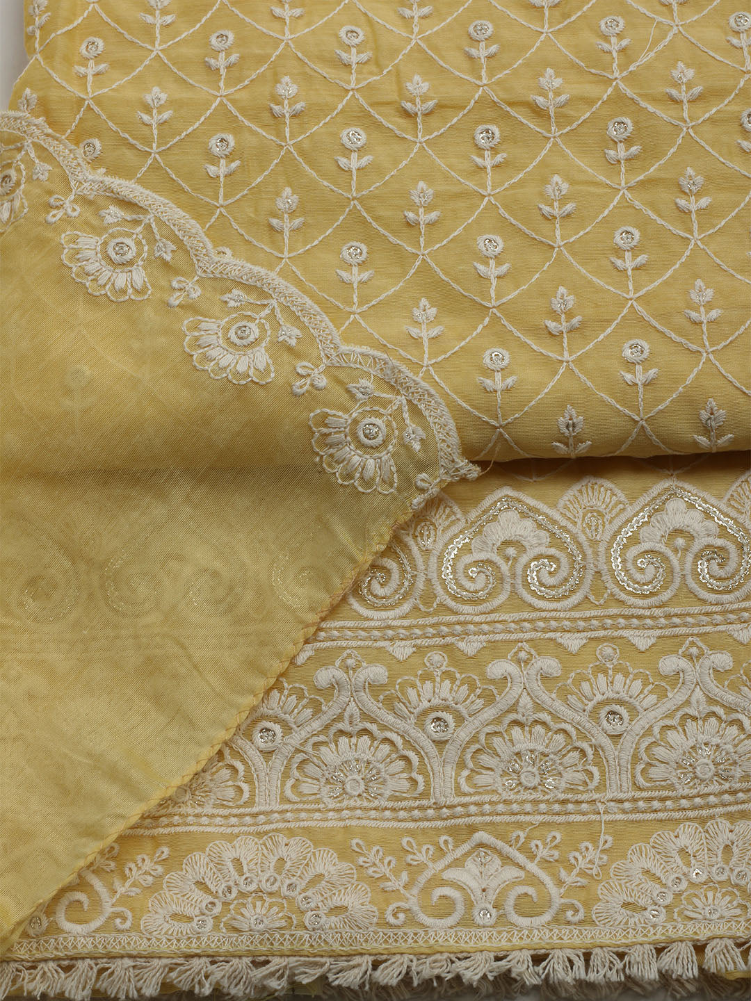 Embroidered Chanderi Unstitched Kurta With Pant & Dupatta