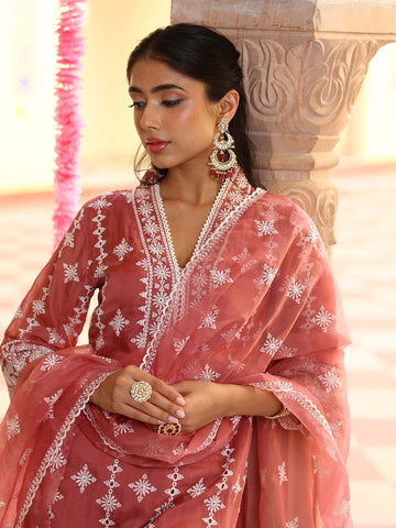 Embroidered Organza Kurta With Pants & Dupatta