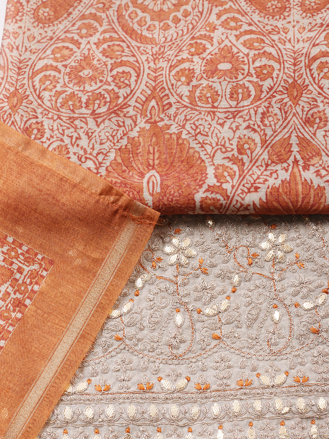 Printed Cotton Blend Unstitched Suit With Pant &amp; Dupatta