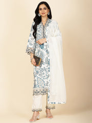 Neck Embroidery Cotton Kurta With Pants & Dupatta