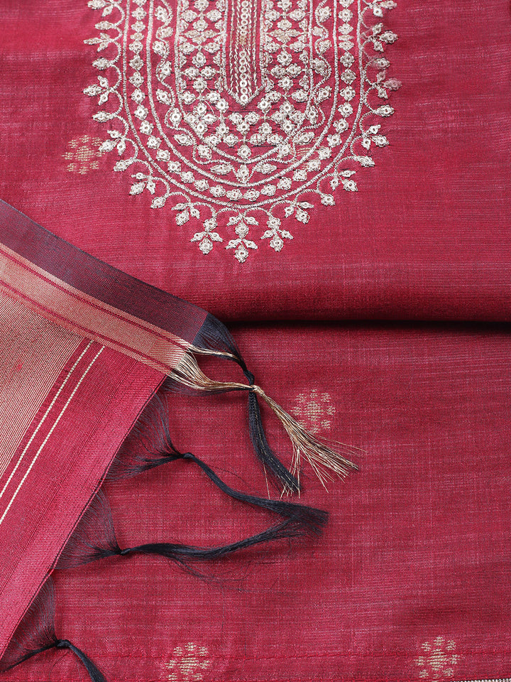 Embroidered Chanderi Unstitched Suit With Pant &amp; Dupatta