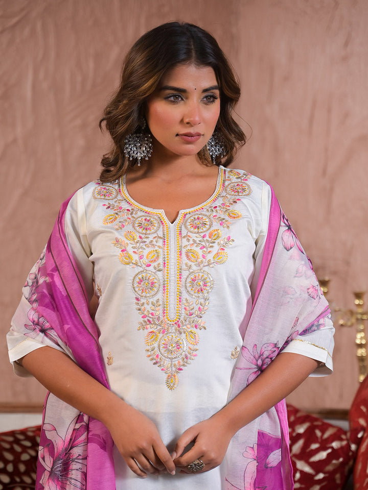 Neck Embroidery Cotton Blend Kurta With Pants &amp; Dupatta