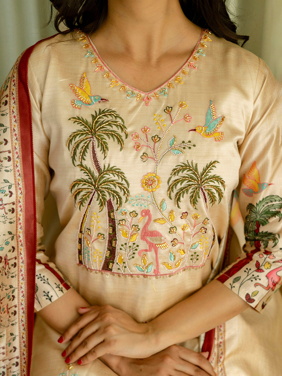 Embroidered Cotton Blend Kurta With Pants &amp; Dupatta