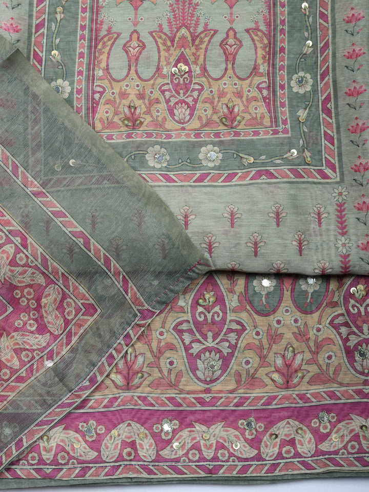 Embellished Chanderi Unstitched Suit With Pant &amp; Dupatta
