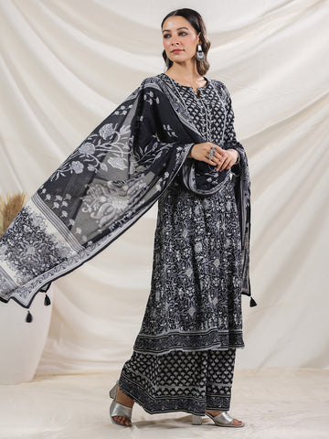 Floral Printed Cotton Blend Kurta With Palazzo & Dupatta