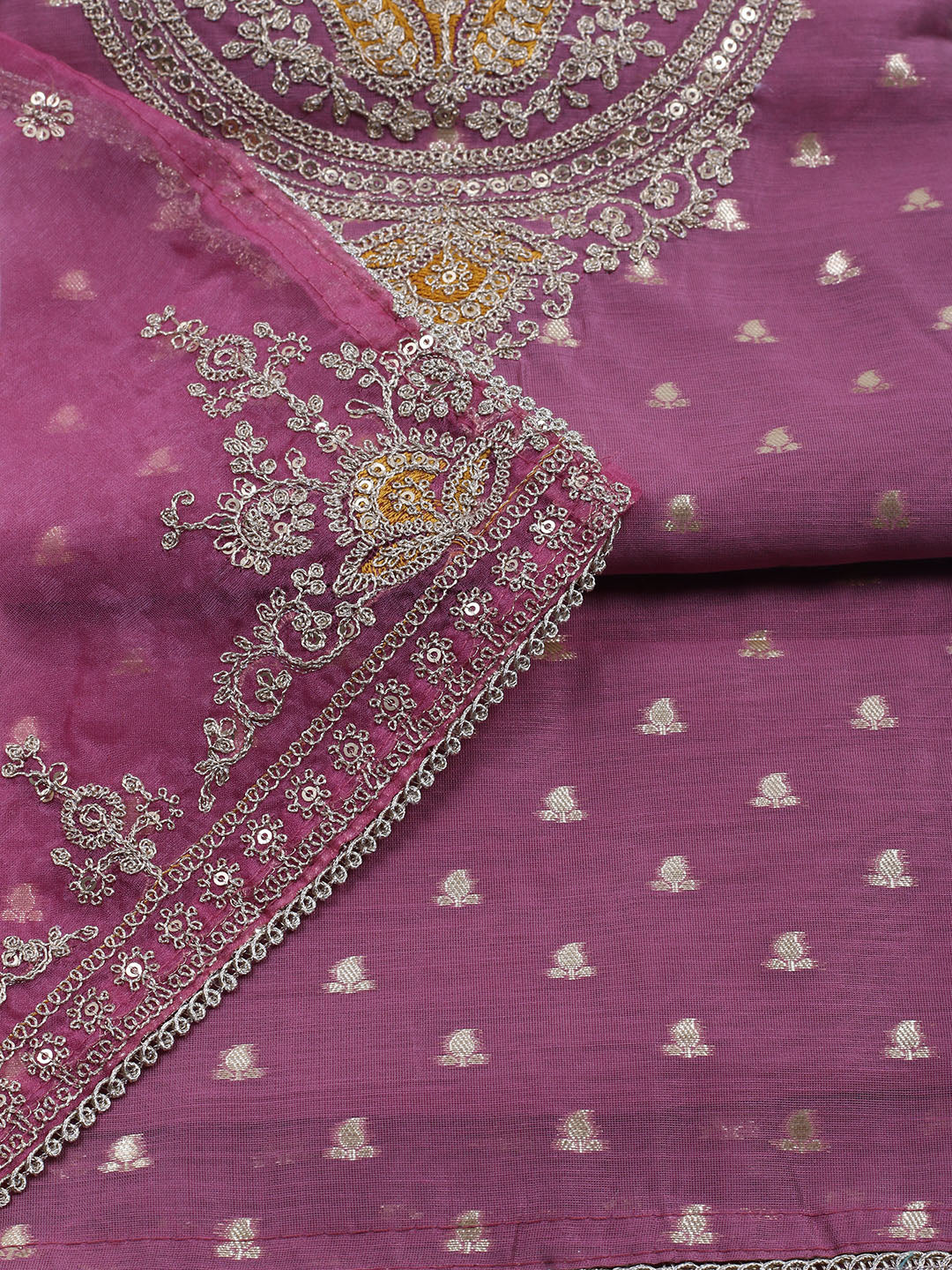 Neck Embroidered Chanderi Unstitched Suit With Dupatta