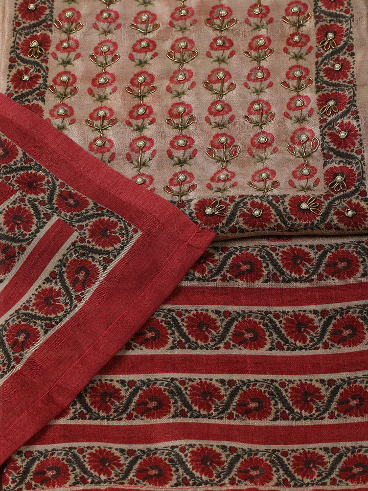 Embroidered Tussar Unstitched Suit With Pant &amp; Dupatta